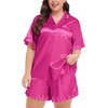 image:imageSWOMOG Womens Satin Plus Size Pajamas Silk Short Sleeve Pjs Sets Ruffle Shorts 2 Piece Loose Outfit Sleepwear with PocketRose Red