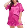 image:imageSWOMOG Womens Satin Plus Size Pajamas Silk Short Sleeve Pjs Sets Ruffle Shorts 2 Piece Loose Outfit Sleepwear with PocketRose Red