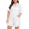 image:imageSWOMOG Womens Satin Plus Size Pajamas Silk Short Sleeve Pjs Sets Ruffle Shorts 2 Piece Loose Outfit Sleepwear with PocketWhite