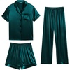 image:imageSWOMOG Womens Silk Satin Pajama Sets 3Pcs Button Down Pj Set Short Sleeve Sleepwear Loungewear Pjs Nightwear XSXXLDeep Green