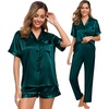 image:imageSWOMOG Womens Silk Satin Pajama Sets 3Pcs Button Down Pj Set Short Sleeve Sleepwear Loungewear Pjs Nightwear XSXXLDeep Green