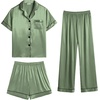 image:imageSWOMOG Womens Silk Satin Pajama Sets 3Pcs Button Down Pj Set Short Sleeve Sleepwear Loungewear Pjs Nightwear XSXXLMatcha