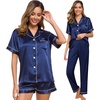 image:imageSWOMOG Womens Silk Satin Pajama Sets 3Pcs Button Down Pj Set Short Sleeve Sleepwear Loungewear Pjs Nightwear XSXXLNavy Blue