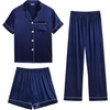 image:imageSWOMOG Womens Silk Satin Pajama Sets 3Pcs Button Down Pj Set Short Sleeve Sleepwear Loungewear Pjs Nightwear XSXXLNavy Blue