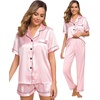 image:imageSWOMOG Womens Silk Satin Pajama Sets 3Pcs Button Down Pj Set Short Sleeve Sleepwear Loungewear Pjs Nightwear XSXXLPink