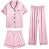 image:imageSWOMOG Womens Silk Satin Pajama Sets 3Pcs Button Down Pj Set Short Sleeve Sleepwear Loungewear Pjs Nightwear XSXXLPink