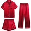 image:imageSWOMOG Womens Silk Satin Pajama Sets 3Pcs Button Down Pj Set Short Sleeve Sleepwear Loungewear Pjs Nightwear XSXXLRed