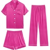 image:imageSWOMOG Womens Silk Satin Pajama Sets 3Pcs Button Down Pj Set Short Sleeve Sleepwear Loungewear Pjs Nightwear XSXXLRose Red