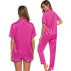 image:imageSWOMOG Womens Silk Satin Pajama Sets 3Pcs Button Down Pj Set Short Sleeve Sleepwear Loungewear Pjs Nightwear XSXXLRose Red