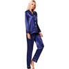 image:imageSWOMOG Womens Silk Satin Pajamas Long Sleeve Loungewear TwoPiece Sleepwear ButtonDown Pj Set Deep Sea Blue