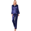 image:imageSWOMOG Womens Silk Satin Pajamas Long Sleeve Loungewear TwoPiece Sleepwear ButtonDown Pj Set Deep Sea Blue