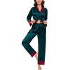 image:imageSWOMOG Womens Silk Satin Pajamas Set Long Sleeve Sleepwear Two Pieces Loungewear Set ButtonDown Contrast Pjs SetDeep Green