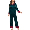image:imageSWOMOG Womens Silk Satin Pajamas Set Long Sleeve Sleepwear Two Pieces Loungewear Set ButtonDown Contrast Pjs SetDeep Green