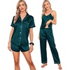 image:imageSWOMOG Womens Silk Satin Pajamas Sets 7pcs Sleepwear Sexy Cami Shorts Set and Button Down Short Sleeve Satin PjsDeep Green