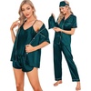 image:imageSWOMOG Womens Silk Satin Pajamas Sets 7pcs Sleepwear Sexy Cami Shorts Set and Button Down Short Sleeve Satin PjsDeep Green