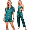image:imageSWOMOG Womens Silk Satin Pajamas Sets 7pcs Sleepwear Sexy Cami Shorts Set and Button Down Short Sleeve Satin PjsGreen
