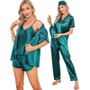 image:imageSWOMOG Womens Silk Satin Pajamas Sets 7pcs Sleepwear Sexy Cami Shorts Set and Button Down Short Sleeve Satin PjsGreen