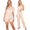 image:imageSWOMOG Womens Silk Satin Pajamas Sets 7pcs Sleepwear Sexy Cami Shorts Set and Button Down Short Sleeve Satin PjsSolid Champagne