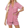 image:imageSWOMOG 100 Cotton Women Pajama Set 2 Piece Gingham Pjs Set Short Sleeve Plaid Sleepwear Button Down Lounge SetRed Plaid