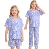 image:imageSWOMOG Big Girls Pajama Set 3PCS Button Dowm Sleepwear Short Sleeve with ShortampLong Pants PJs Cute Print LoungewearPurple Rabbit