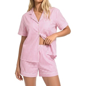 image:imageSWOMOG 100 Cotton Pajama Set For Women 2PCS Plaid Pjs Set Short Sleeve Shirts with Pockets Button Down Cute LoungewearPink Stripe