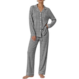 image:imageSWOMOG 100 Cotton Pajama Set for Women 2 PCS Long Sleeve Plaid Pjs Set Button Down Sleepwear with PantsBlack Plaid