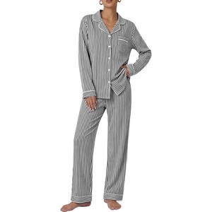 image:imageSWOMOG 100 Cotton Pajama Set for Women 2 PCS Long Sleeve Plaid Pjs Set Button Down Sleepwear with PantsBlack Stripe