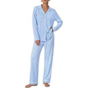 image:imageSWOMOG 100 Cotton Pajama Set for Women 2 PCS Long Sleeve Plaid Pjs Set Button Down Sleepwear with PantsBlue Plaid