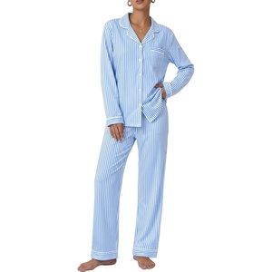 image:imageSWOMOG 100 Cotton Pajama Set for Women 2 PCS Long Sleeve Plaid Pjs Set Button Down Sleepwear with PantsBlue Stripe
