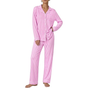 image:imageSWOMOG 100 Cotton Pajama Set for Women 2 PCS Long Sleeve Plaid Pjs Set Button Down Sleepwear with PantsPink Plaid