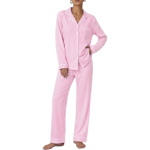 image:imageSWOMOG 100 Cotton Pajama Set for Women 2 PCS Long Sleeve Plaid Pjs Set Button Down Sleepwear with PantsPink Stripe