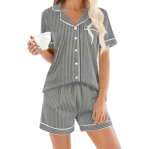 image:imageSWOMOG 100 Cotton Women Pajama Set 2 Piece Gingham Pjs Set Short Sleeve Plaid Sleepwear Button Down Lounge SetBlack Stripe
