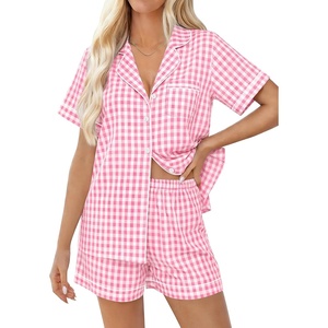 image:imageSWOMOG 100 Cotton Women Pajama Set 2 Piece Gingham Pjs Set Short Sleeve Plaid Sleepwear Button Down Lounge SetPink Plaid