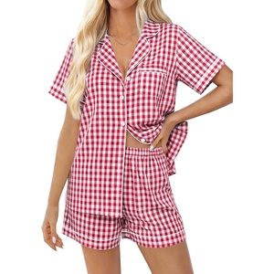 image:imageSWOMOG 100 Cotton Women Pajama Set 2 Piece Gingham Pjs Set Short Sleeve Plaid Sleepwear Button Down Lounge SetRed Plaid