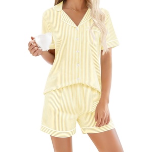 image:imageSWOMOG 100 Cotton Women Pajama Set 2 Piece Gingham Pjs Set Short Sleeve Plaid Sleepwear Button Down Lounge SetYellow Stripe