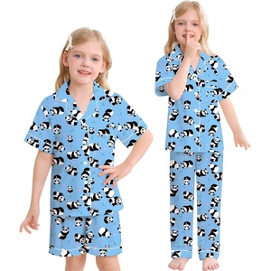 image:imageSWOMOG Big Girls Pajama Set 3PCS Button Dowm Sleepwear Short Sleeve with ShortampLong Pants PJs Cute Print LoungewearPanda Blue