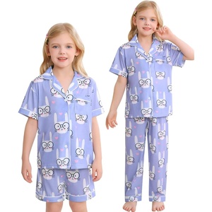 image:imageSWOMOG Big Girls Pajama Set 3PCS Button Dowm Sleepwear Short Sleeve with ShortampLong Pants PJs Cute Print LoungewearPurple Rabbit