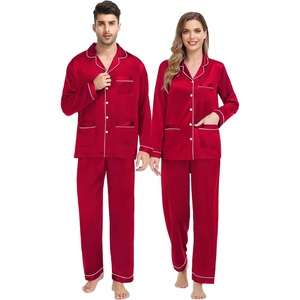 image:imageSWOMOG Couples Matching Pajamas Set Women amp Men Satin Long Sleeve Sleepwear Soft Button Down Pj Set Silk LoungewearA  Reda