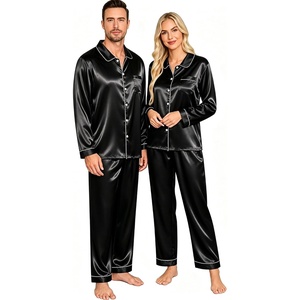 image:imageSWOMOG Couples Pajamas Sets Silk Satin Long Sleeve Sleepwear Button Down Loungewear Pjs Set Classic Pajama SXXLBlack
