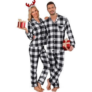 image:imageSWOMOG Family Christmas Pajamas Set Long Sleeve Sleepwear Sets Button Down Loungewear Set Party Holiday Pjs SetsBlack White Grid