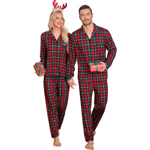 image:imageSWOMOG Family Christmas Pajamas Set Long Sleeve Sleepwear Sets Button Down Loungewear Set Party Holiday Pjs SetsGreen Grid