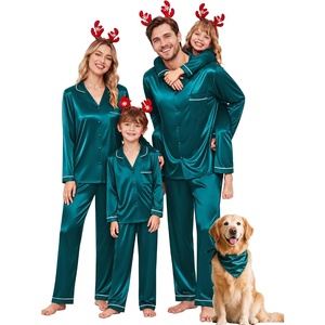 image:imageSWOMOG Family Matching Button Down Pajamas Pjs Silk Satin Long Sleeve Shirt Long Pants Set Sleepwear 2 Pcs Outfits LoungewearGreen