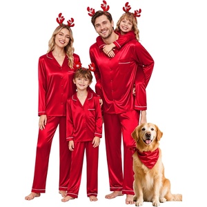 image:imageSWOMOG Family Matching Button Down Pajamas Pjs Silk Satin Long Sleeve Shirt Long Pants Set Sleepwear 2 Pcs Outfits LoungewearRed