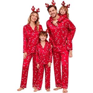 image:imageSWOMOG Family Matching Button Down Pajamas Pjs Silk Satin Long Sleeve Shirt Long Pants Set Sleepwear 2 Pcs Outfits LoungewearRed Candy Cane