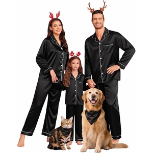 image:imageSWOMOG Family Matching Pajamas Set Silk Satin Button Down Sleepwear Long Sleeve Nightwear 2 Pcs Pj Set SXXLBlack