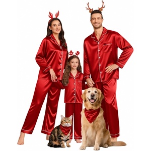 image:imageSWOMOG Family Matching Pajamas Set Silk Satin Button Down Sleepwear Long Sleeve Nightwear 2 Pcs Pj Set SXXLCherry Red