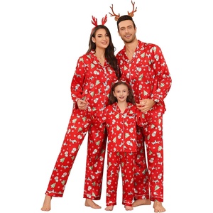 image:imageSWOMOG Family Matching Pajamas Set Silk Satin Button Down Sleepwear Long Sleeve Nightwear 2 Pcs Pj Set SXXLChristmas Gift Red