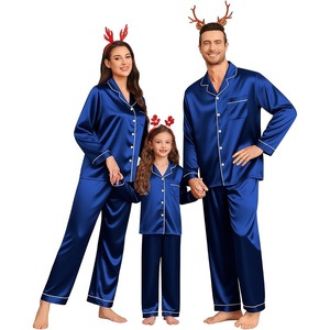 image:imageSWOMOG Family Matching Pajamas Set Silk Satin Button Down Sleepwear Long Sleeve Nightwear 2 Pcs Pj Set SXXLNavy Blue