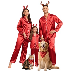 image:imageSWOMOG Family Matching Pajamas Set Silk Satin Button Down Sleepwear Long Sleeve Nightwear 2 Pcs Pj Set SXXLRed