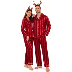 image:imageSWOMOG Family Matching Pajamas Set Silk Satin Button Down Sleepwear Long Sleeve Nightwear 2 Pcs Pj Set SXXLRed Striped